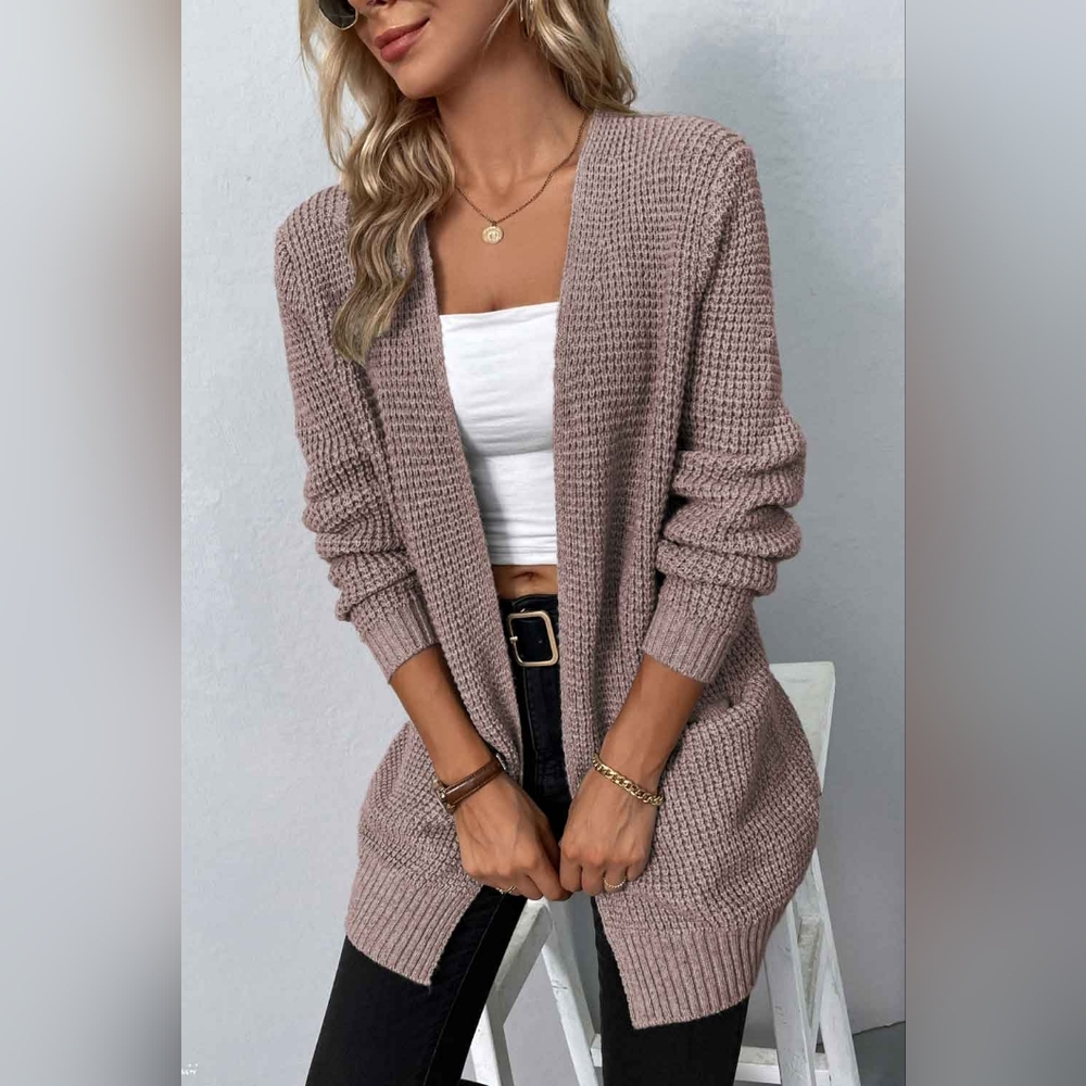 Rib-Knit Open Front Pocketed Cardigan - Picture 1 of 4